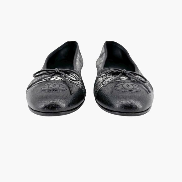 Chanel CC Cap Toe Ballet Flats Size 38 US 7-7.5 Black Silver Metallic Logo Bow - Picture 6 of 15